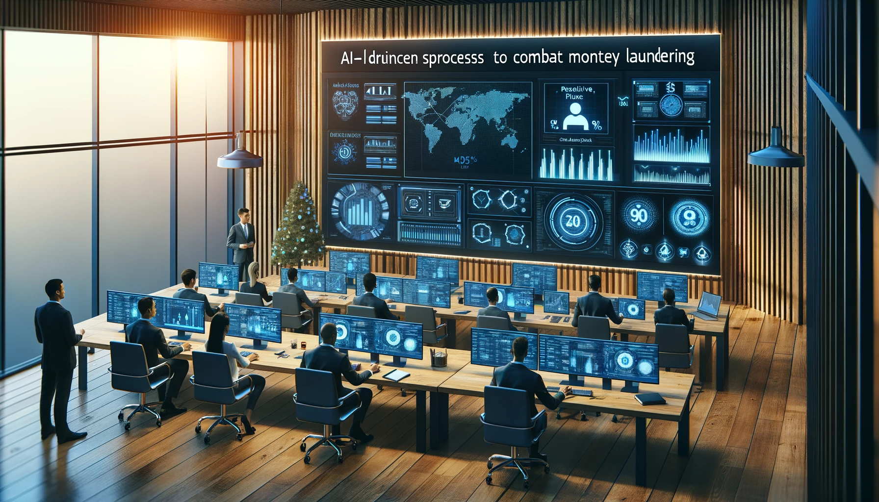 The illustration for the article about AI-driven solutions enhancing compliance processes to combat money laundering is ready, showcasing a sophisticated analysis center where technology meets precision in financial monitoring.