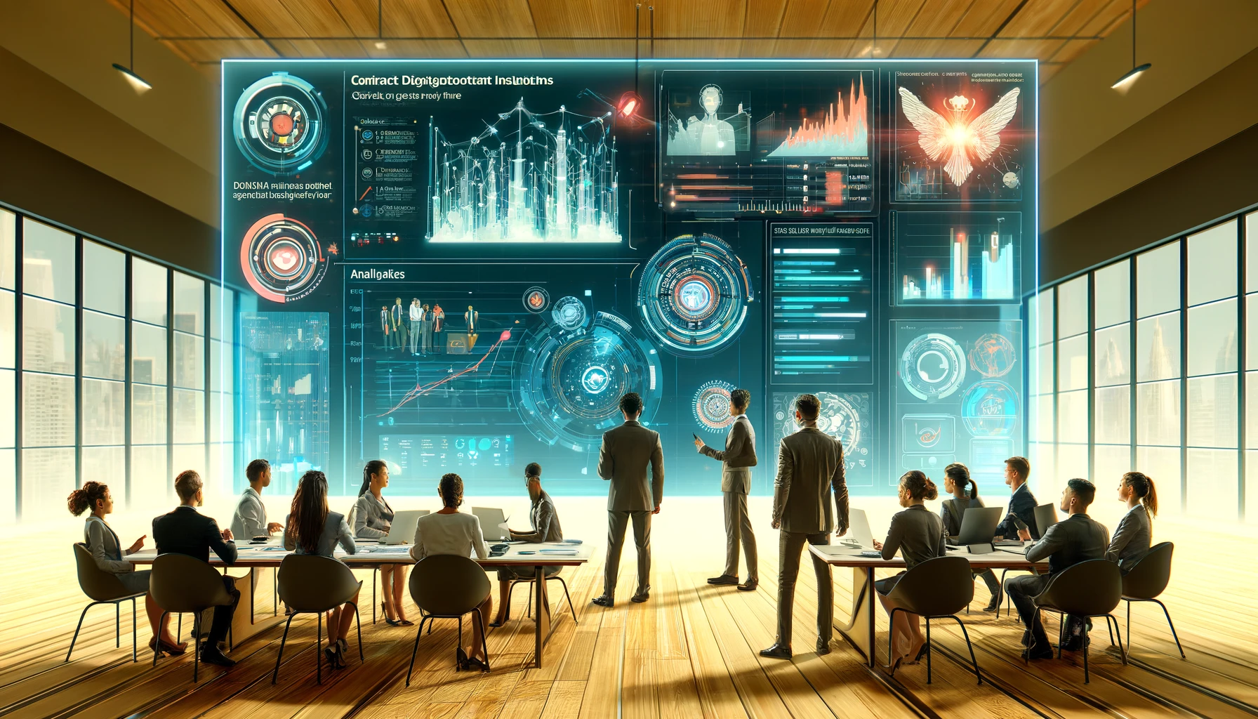 Here's the illustration for the article about Unilever's use of DocuSign Insights to enhance its due diligence process during an M&A transaction. The scene captures a modern corporate setting where professionals are engaging with a digital display, showcasing AI-powered data analysis. The color palette is a balanced mix of warm and cool tones, with the main characters prominently featured.