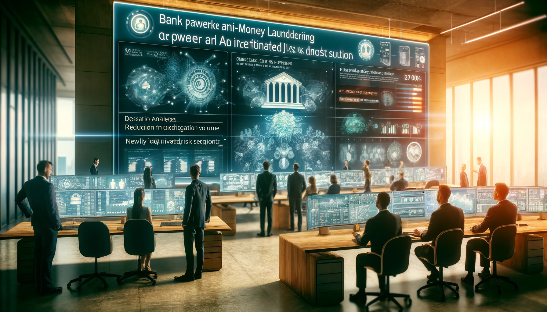 The illustration for the article about a bank employing an AI-powered anti-money laundering solution is ready, depicting a high-tech bank operations center where staff use AI to enhance their monitoring and decision-making capabilities.