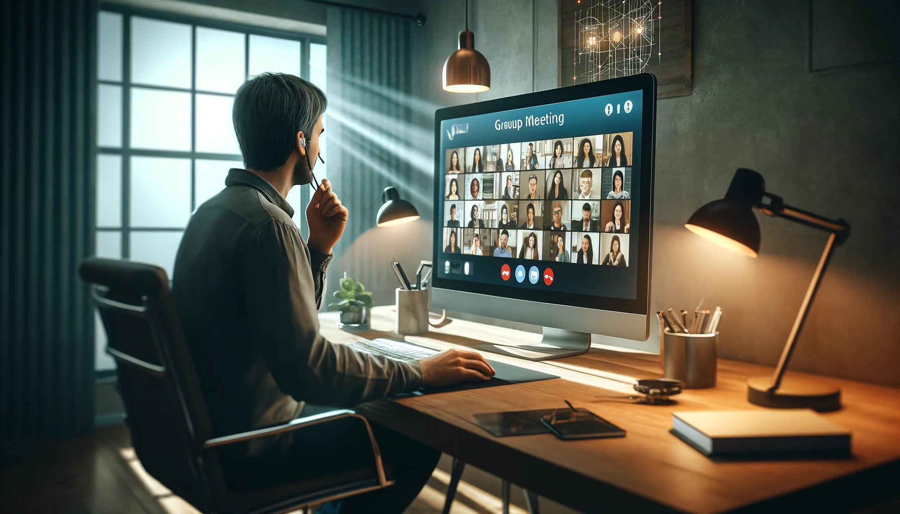 a person participating in an online group meeting from a modern home office. The monitor displays a video conferencing interface with icons for multiple participants, emphasizing the collaborative nature of the discussion.