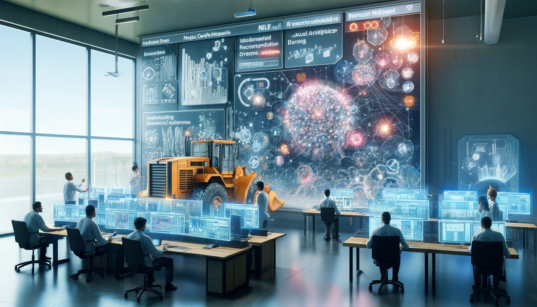 Here is the illustration for the article about the construction equipment manufacturer's use of Neo4j and NLP tools to transform isolated repair documents into a searchable knowledge base. The digital painting captures a high-tech command center focused on data analysis and trend identification.