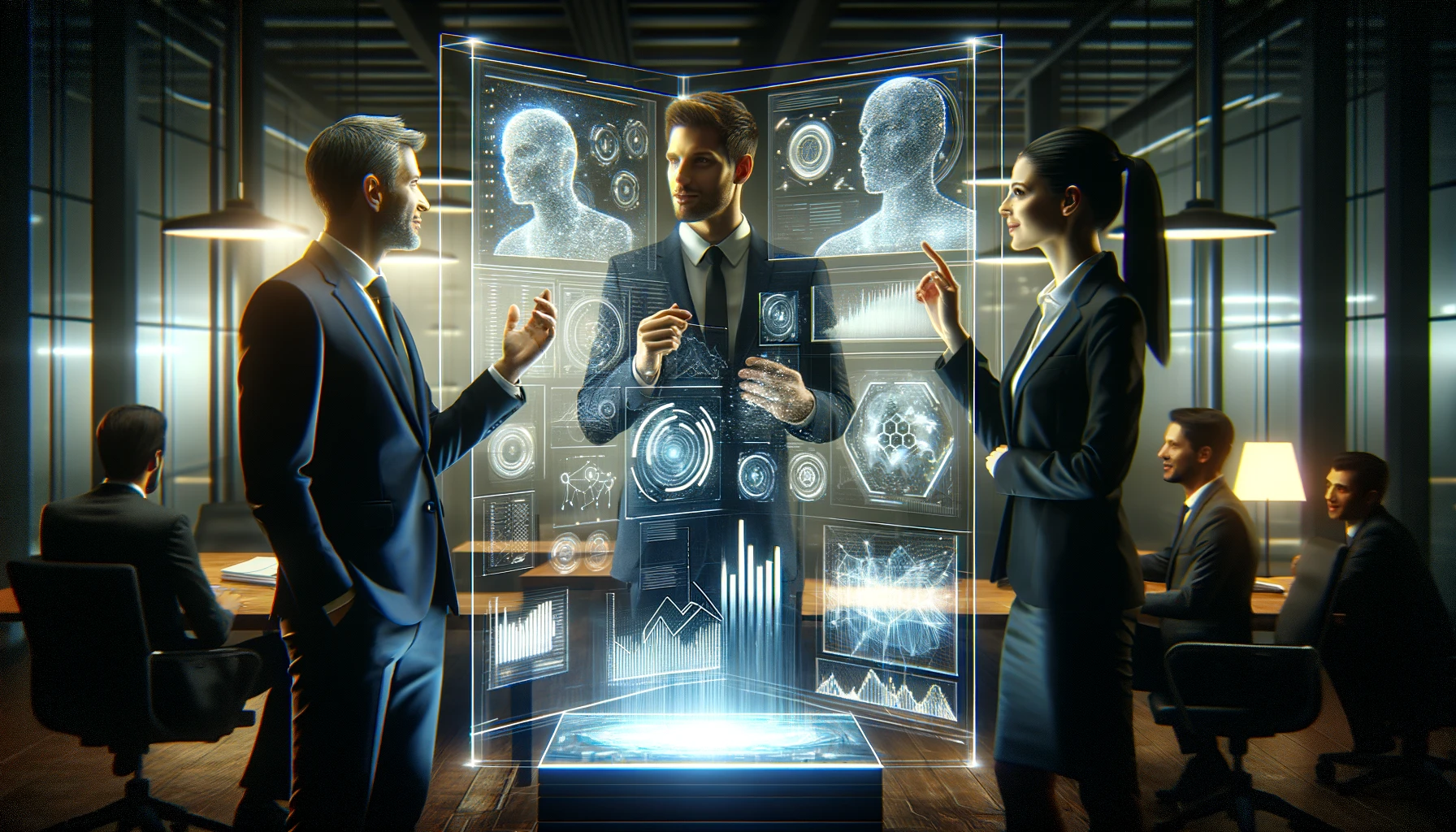 The digital painting features three business professionals in front of a futuristic digital display showing complex data analytics. This scene is set in a modern, dimly lit office environment, capturing a strategic discussion enhanced by AI-powered analytics in a sleek and cinematic style.