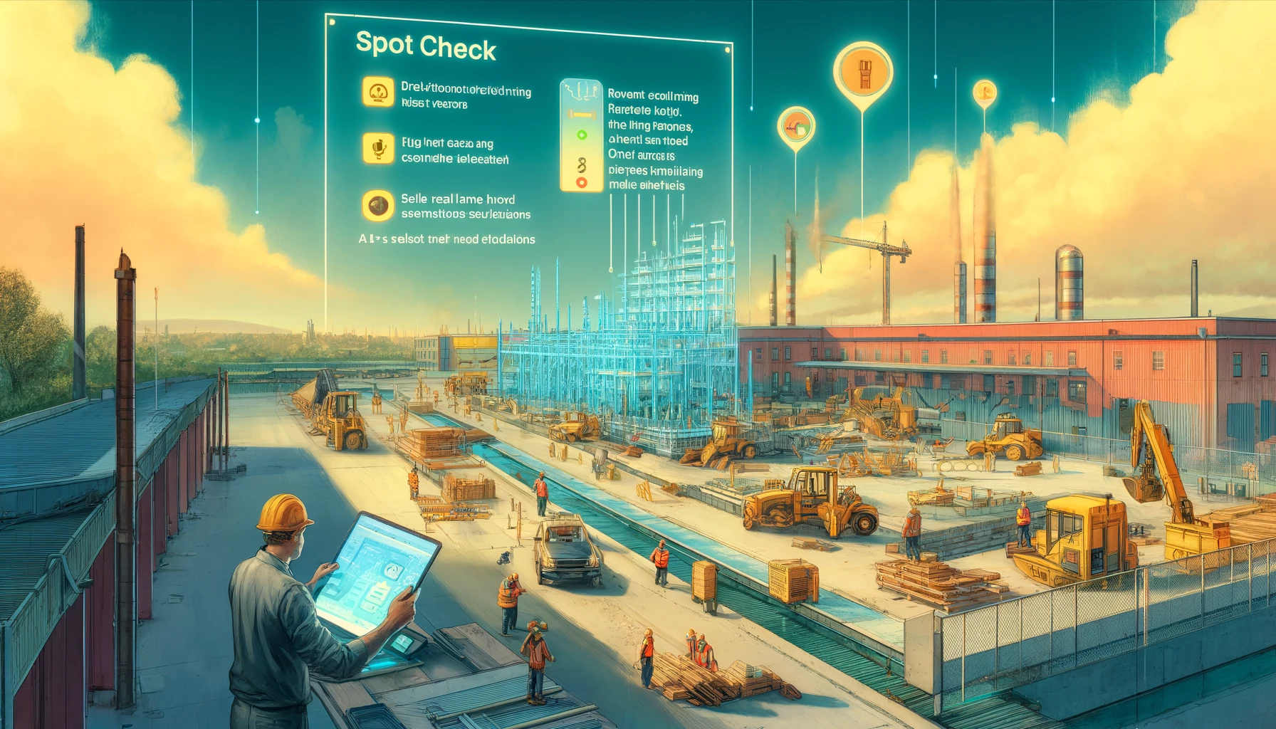 illustration for the article, focusing on the AI solution's impact on a construction site. It highlights the 'Spot Check' feature and the use of real-time data for improved project management and communication among workers.