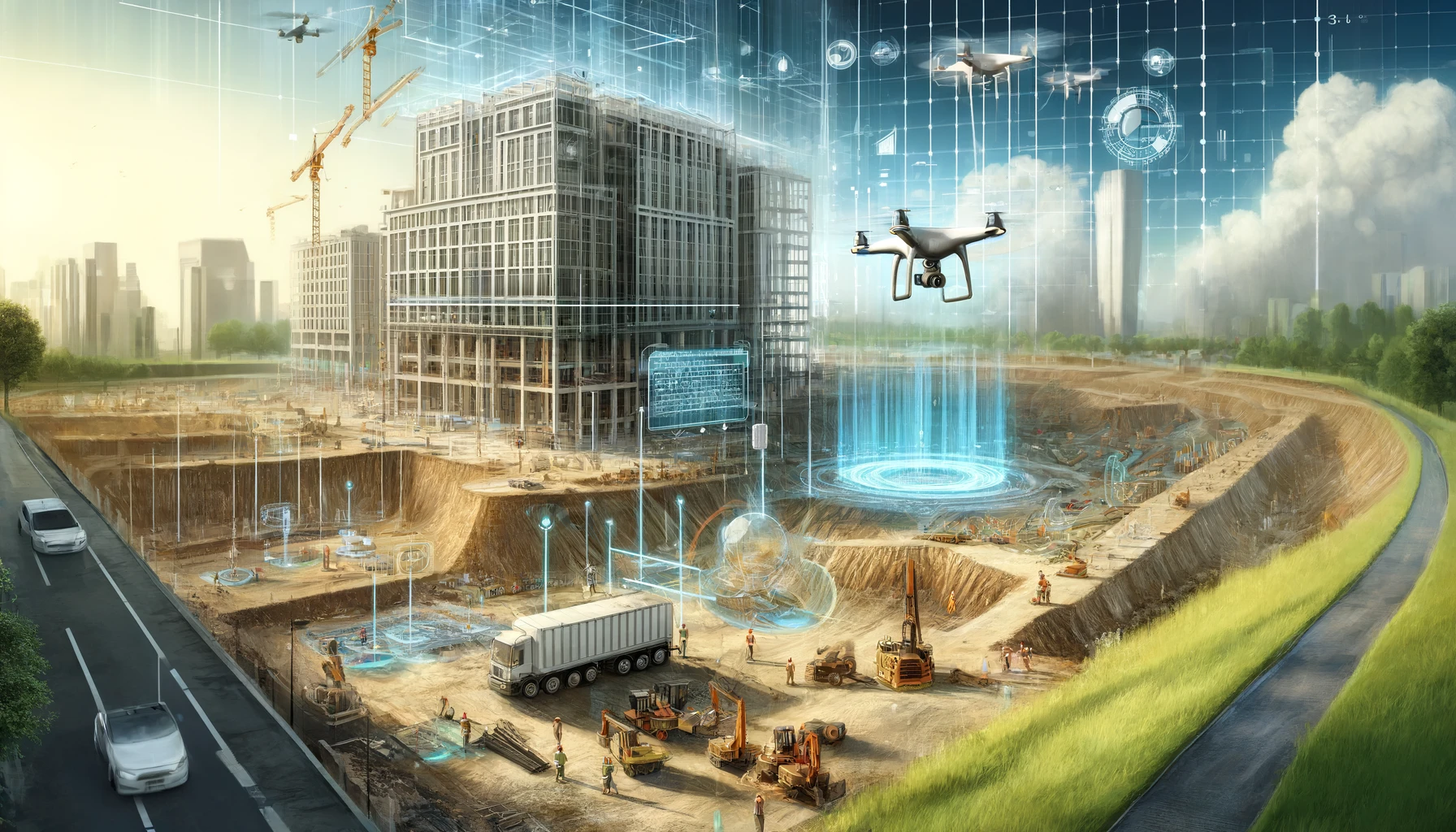 Here is the illustration for the article about how a construction company used AI to achieve precise soil volume measurements and significant cost savings on a large office building project. The digital painting features drones and workers with 360° cameras actively engaged in the task.