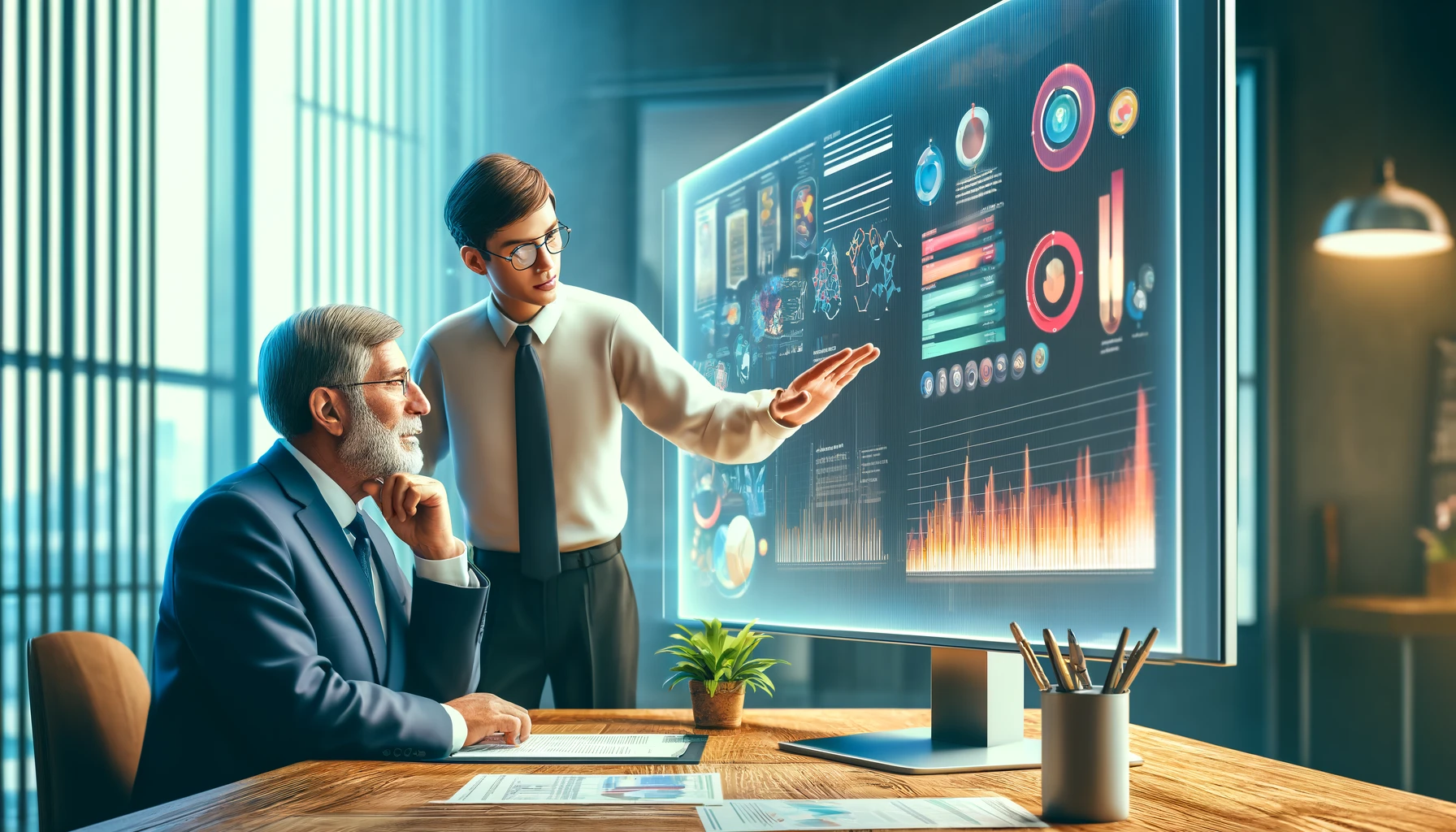 Here is the illustration depicting a researcher presenting research data to a government official using an infographic on a monitor. The image captures the moment of understanding and satisfaction from the official, highlighting the effectiveness of the data visualization.