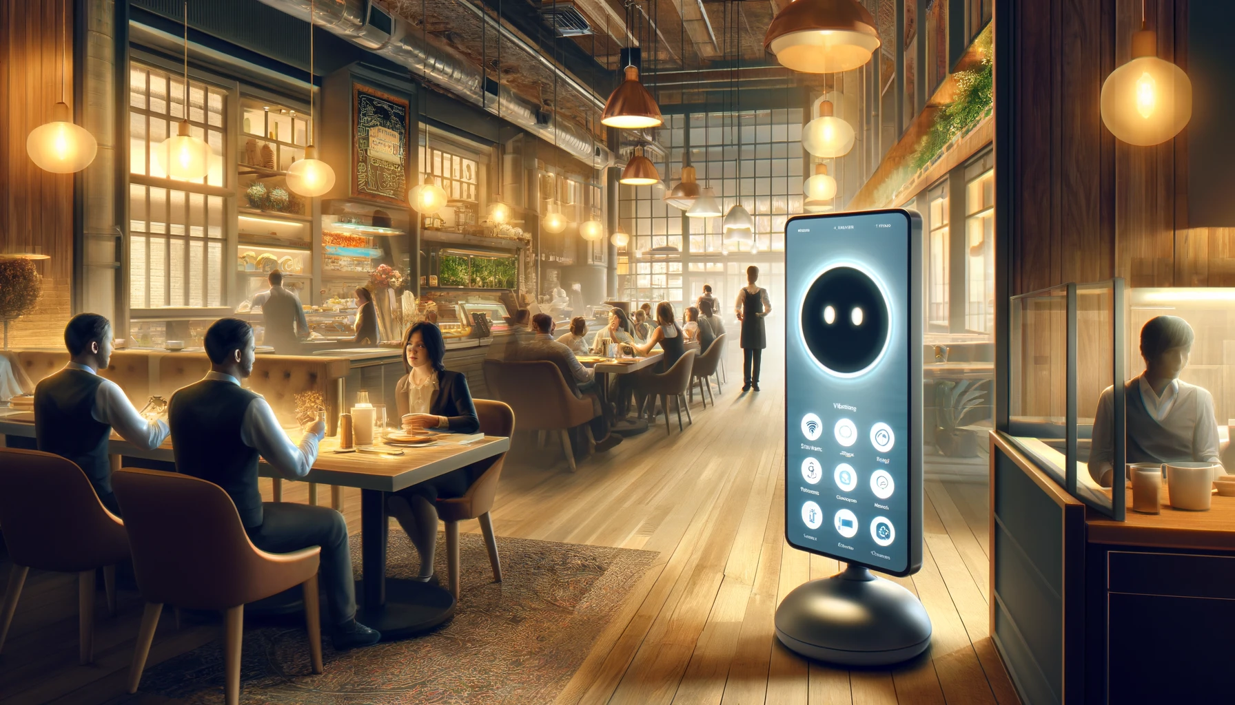illustration for the article about the restaurant chain using an AI voice assistant. This version features a more realistic and cooler toned setting with a digital panel used as the AI assistant, subtly integrated into the sophisticated restaurant environment. The panel is designed to look practical and modern, enhancing the dining experience while managing phone calls efficiently.