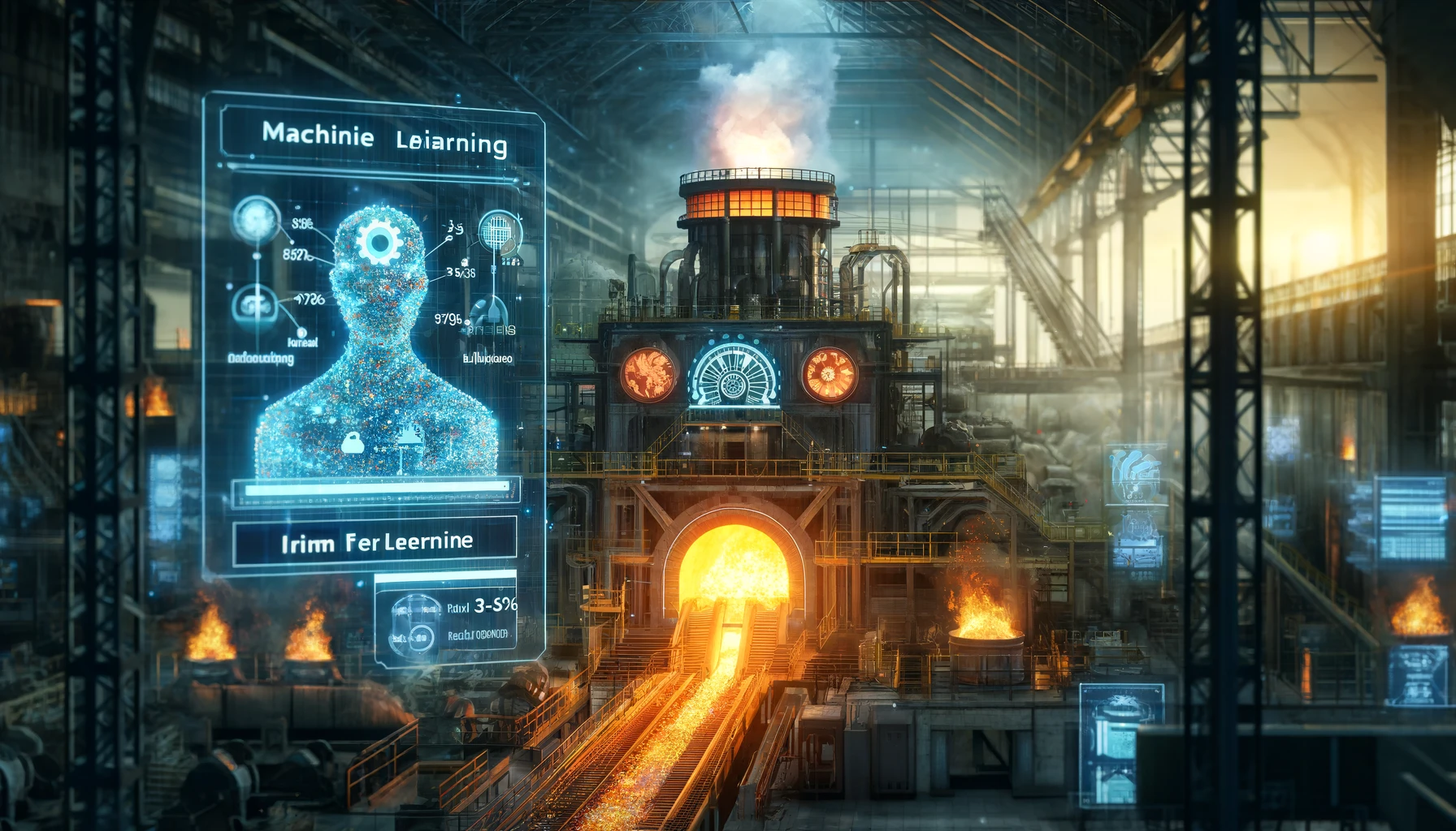 The illustration for the article about the machine learning solution reducing ferroalloys consumption in smelting is ready, highlighting the integration of advanced AI with traditional industrial processes.