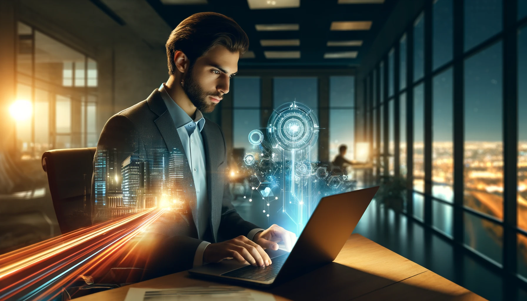 a young professional man working intently on a laptop in a modern office environment at night. The scene is enhanced by futuristic digital holograms emerging from the laptop, set against a backdrop of a cityscape illuminated by ambient lights.
