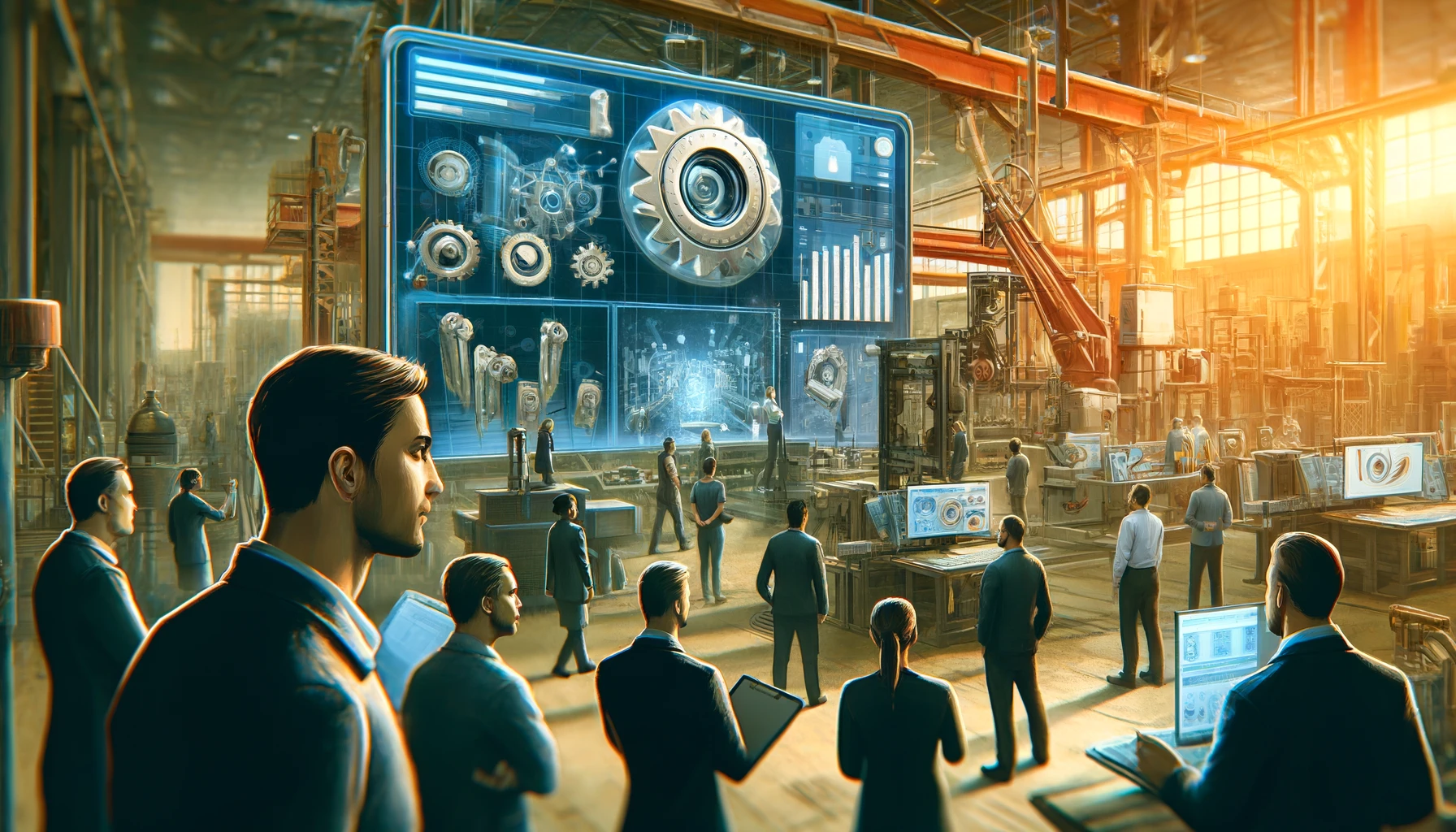 Here's the refined illustration for the article about the manufacturing company's use of an AI-powered visual inspection system. The scene focuses on a few main characters in an industrial setting, engaging with AI interfaces. The composition highlights a balance of warm and cool tones, enhancing the modern, tech-driven atmosphere.