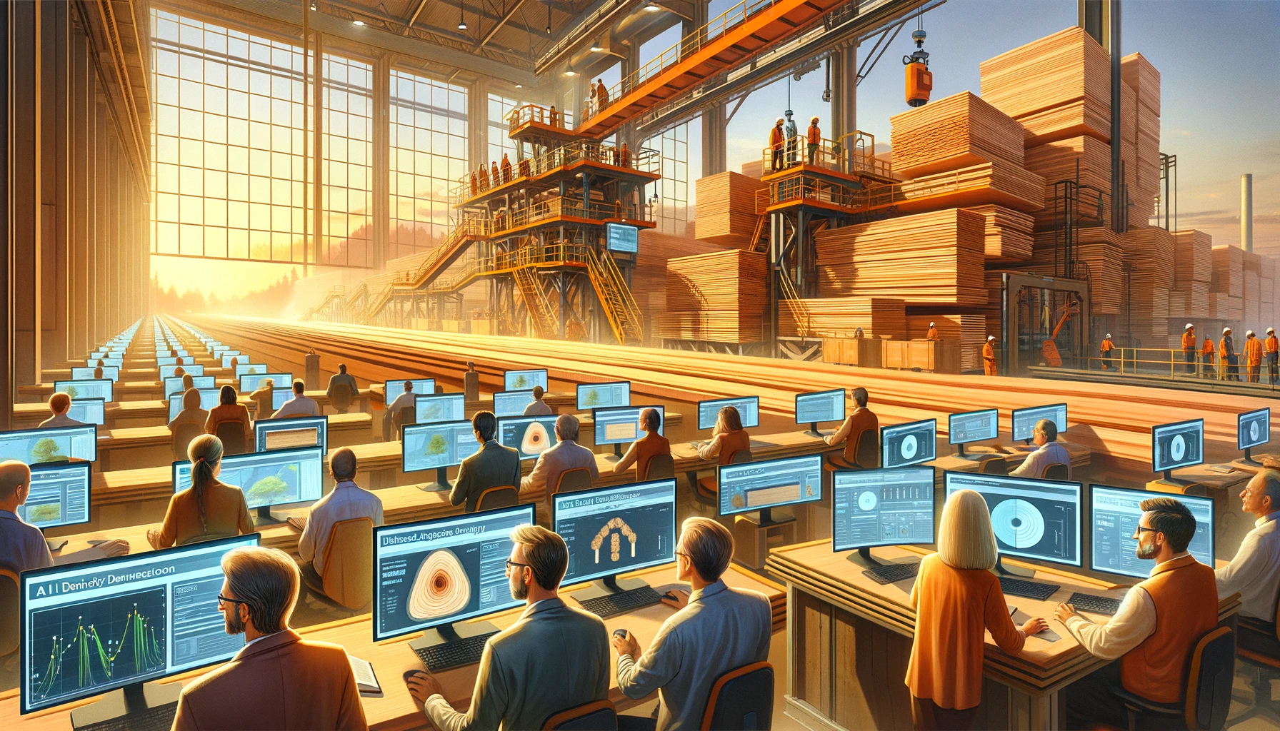 Here is the illustration for the article about a leading Indian plywood manufacturer using AI for quality control. The scene captures a dynamic view of the facility, where a diverse team of engineers and technicians, depicted in close-up and facing forward, interact with AI technology to analyze wood density and detect defects.
