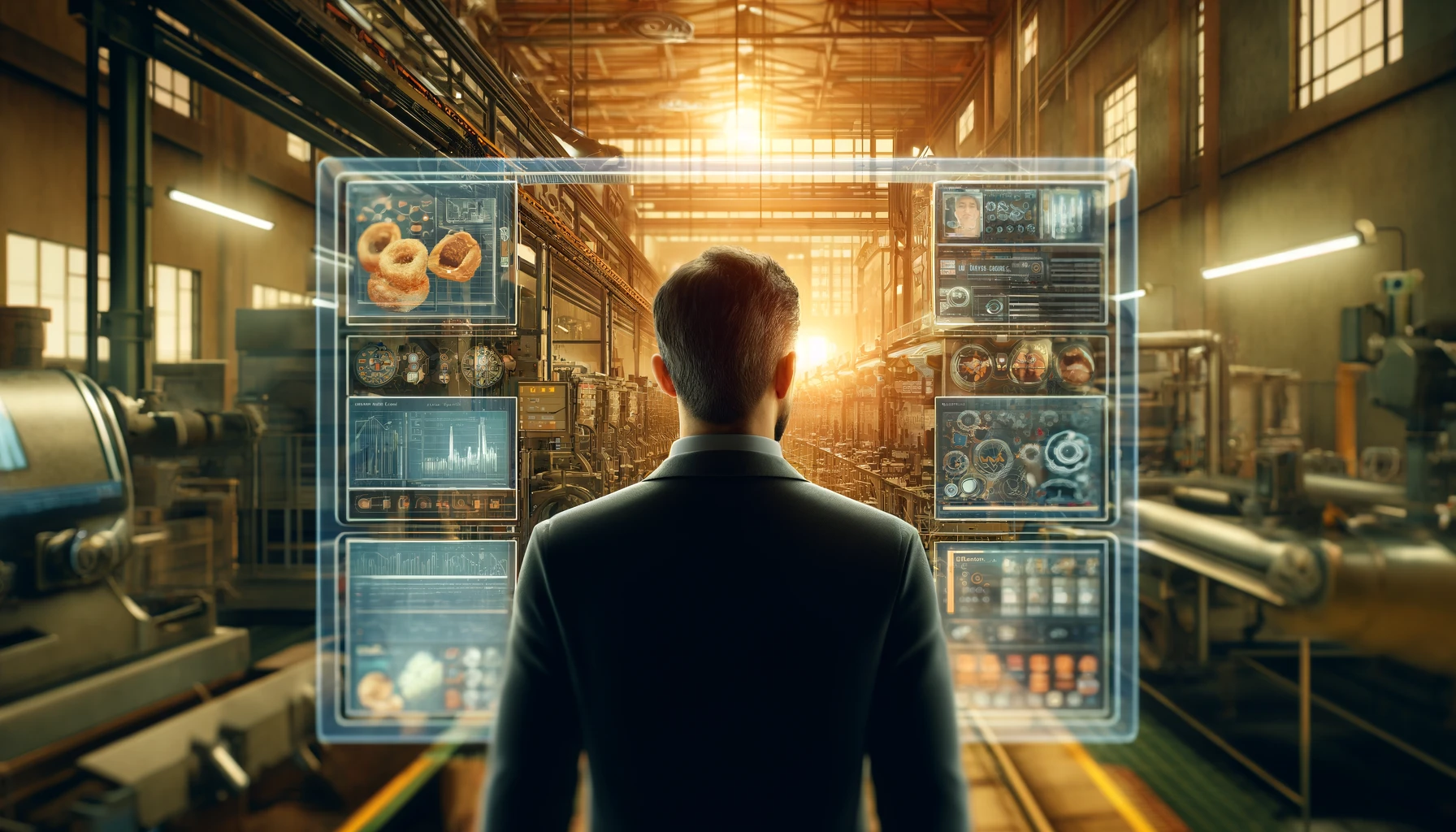 Here is a new illustration where the quality control specialist is facing forward, interacting with an AI-powered system in a food and beverage factory. The specialist is examining data on multiple monitors, and the factory setting is rendered with a blend of warm and cool tones. The focus is on the specialist's face, highlighting their engagement with the technology.