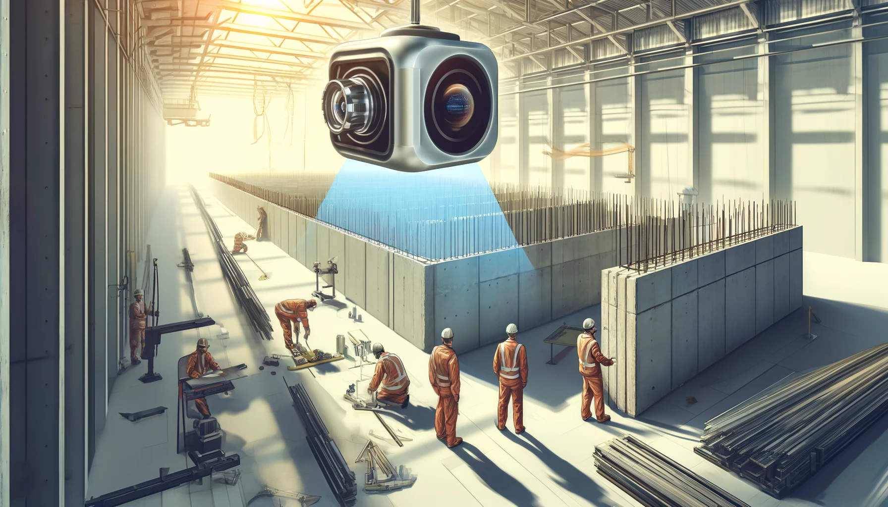 Here's the illustration for the article about the construction company's use of an AI tool for precast panel inspections. It depicts a dynamic scene within a construction facility, with workers and an AI-equipped overhead camera examining the panels. The composition is balanced with warm and cool tones, engaging the viewer with the interaction between the workers and technology.