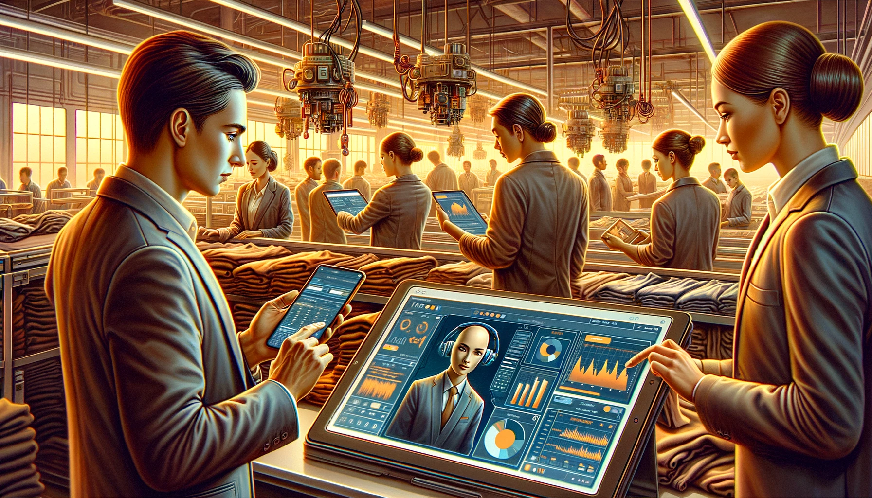 Employees in an apparel manufacturing facility, closely interacting with an AI-powered quality control platform. The illustration captures detailed expressions and the advanced technology they are using, set in a warm and engaging environment.
