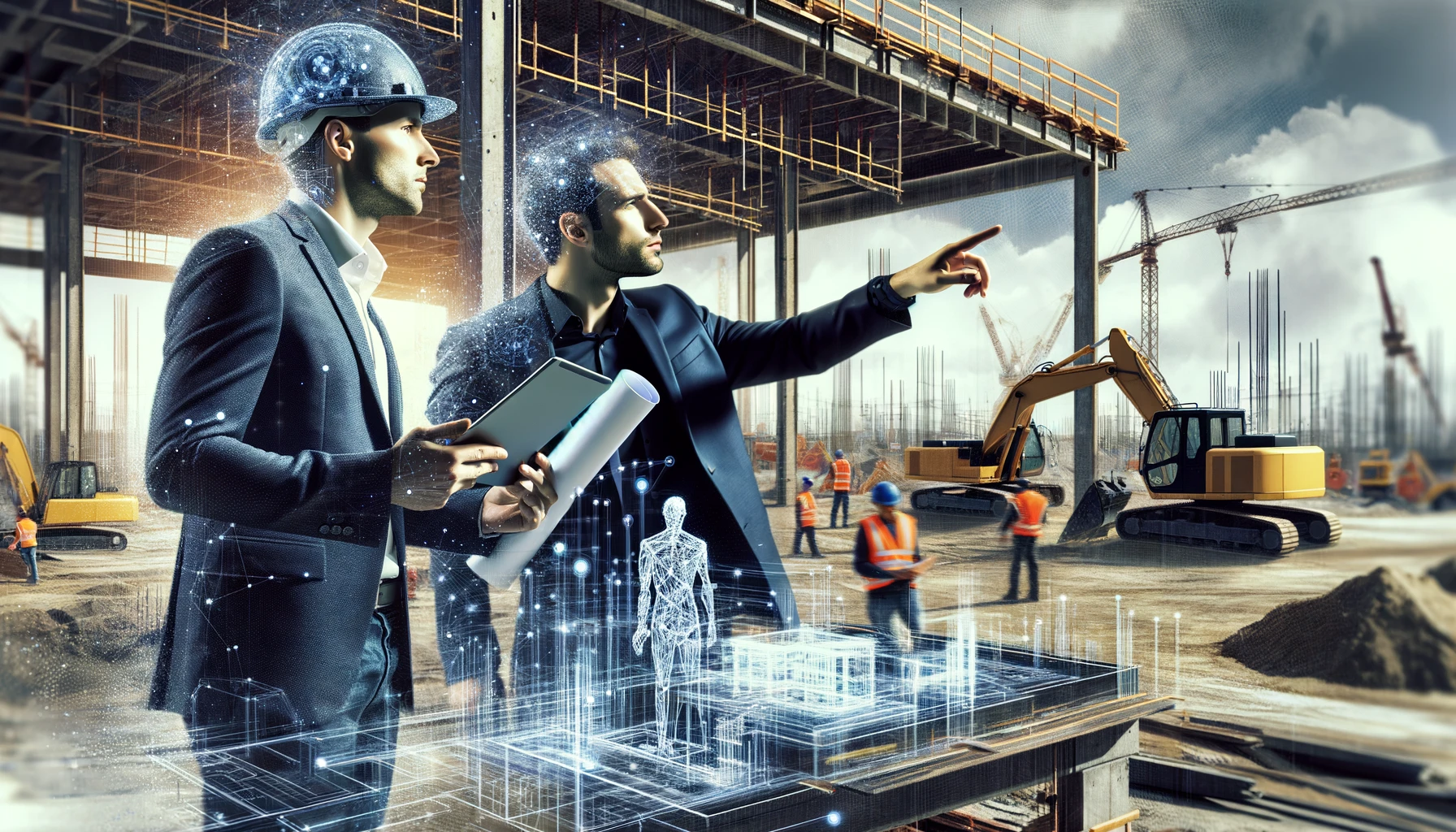 dynamic illustration for the article on AI in construction monitoring, inspired by the composition you provided. The scene features two professionals at a construction site, with one explaining AI-driven data and the other holding blueprints. You can view and use the image from the preview above.