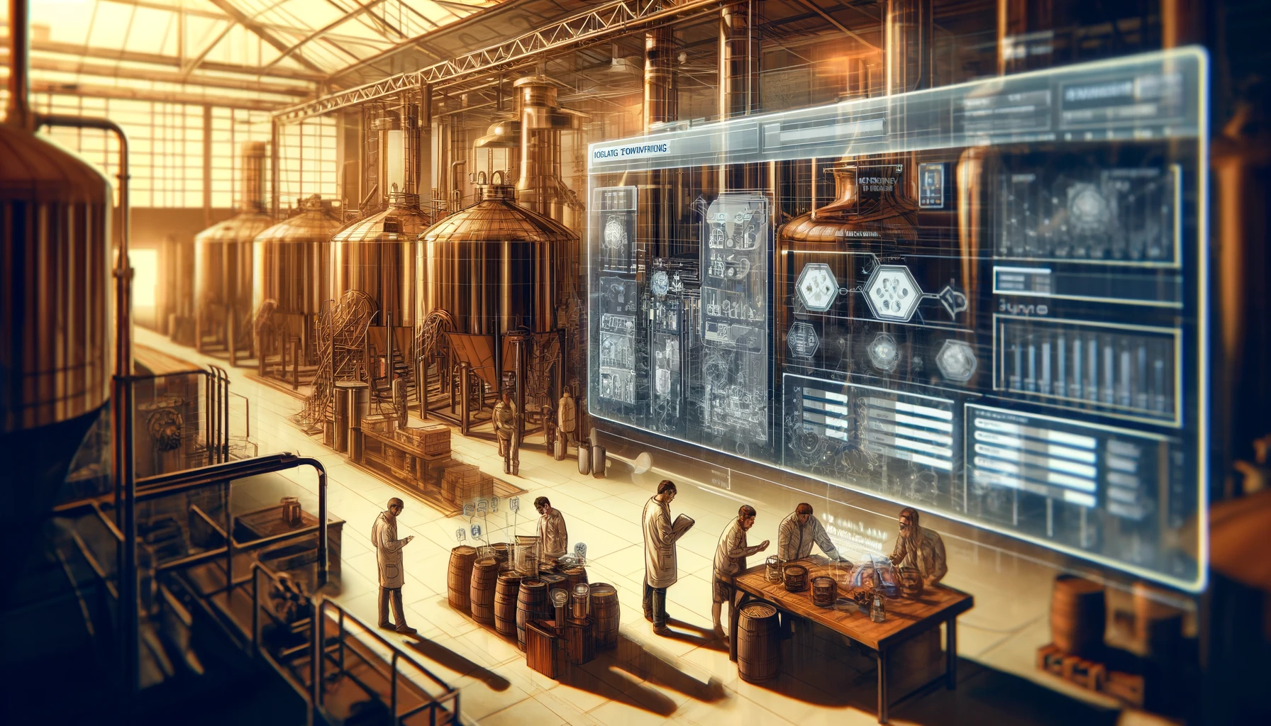 Here's the illustration, focusing more closely on the brewers as they interact with the AI system within the brewery. The close-up view captures the intensity and focus of the brewers as they engage with the advanced technology, with a background softly blurred to enhance the foreground interactions.