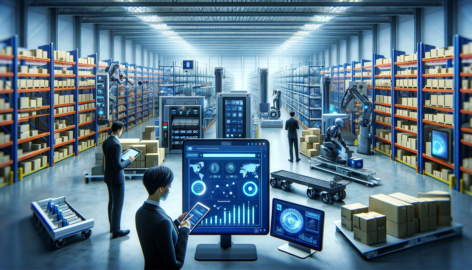 Here is the illustration for the article on how a company implemented an AI solution for inventory management across multiple locations. The scene captures three employees in a high-tech warehouse setting, interacting with the technology to optimize stock levels and meet customer demand efficiently.