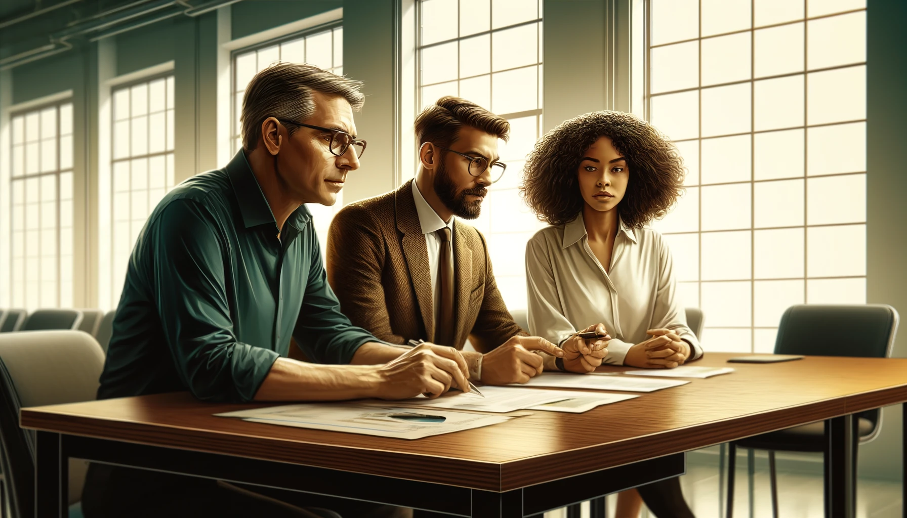 Three professionals engaged in a discussion around a conference table.