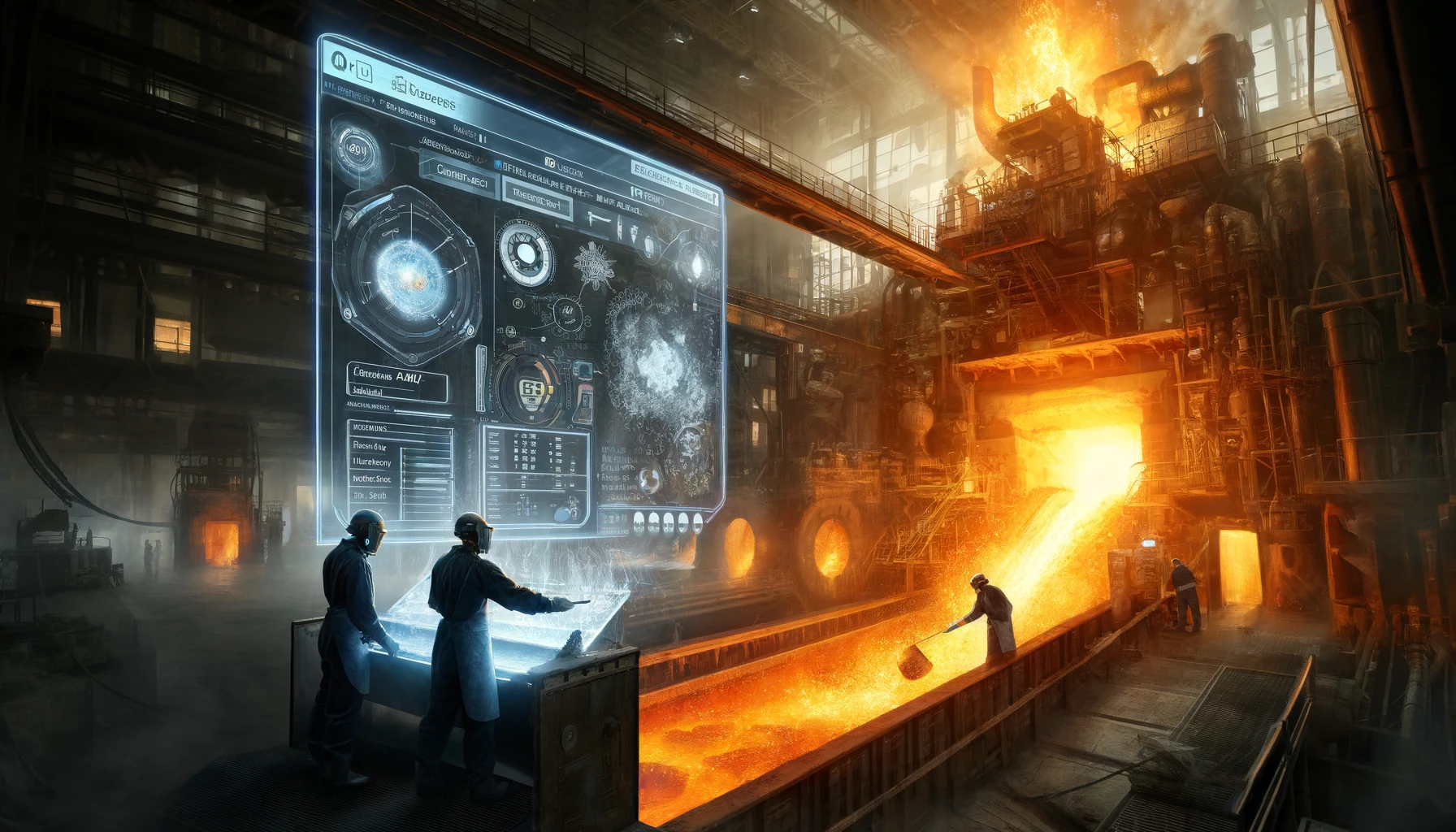 This illustration accurately features human workers in a traditional foundry setting, using advanced AI technology to control the metallurgical processes. The interface displays technical data relevant to the industry, ensuring a focused and accurate representation.