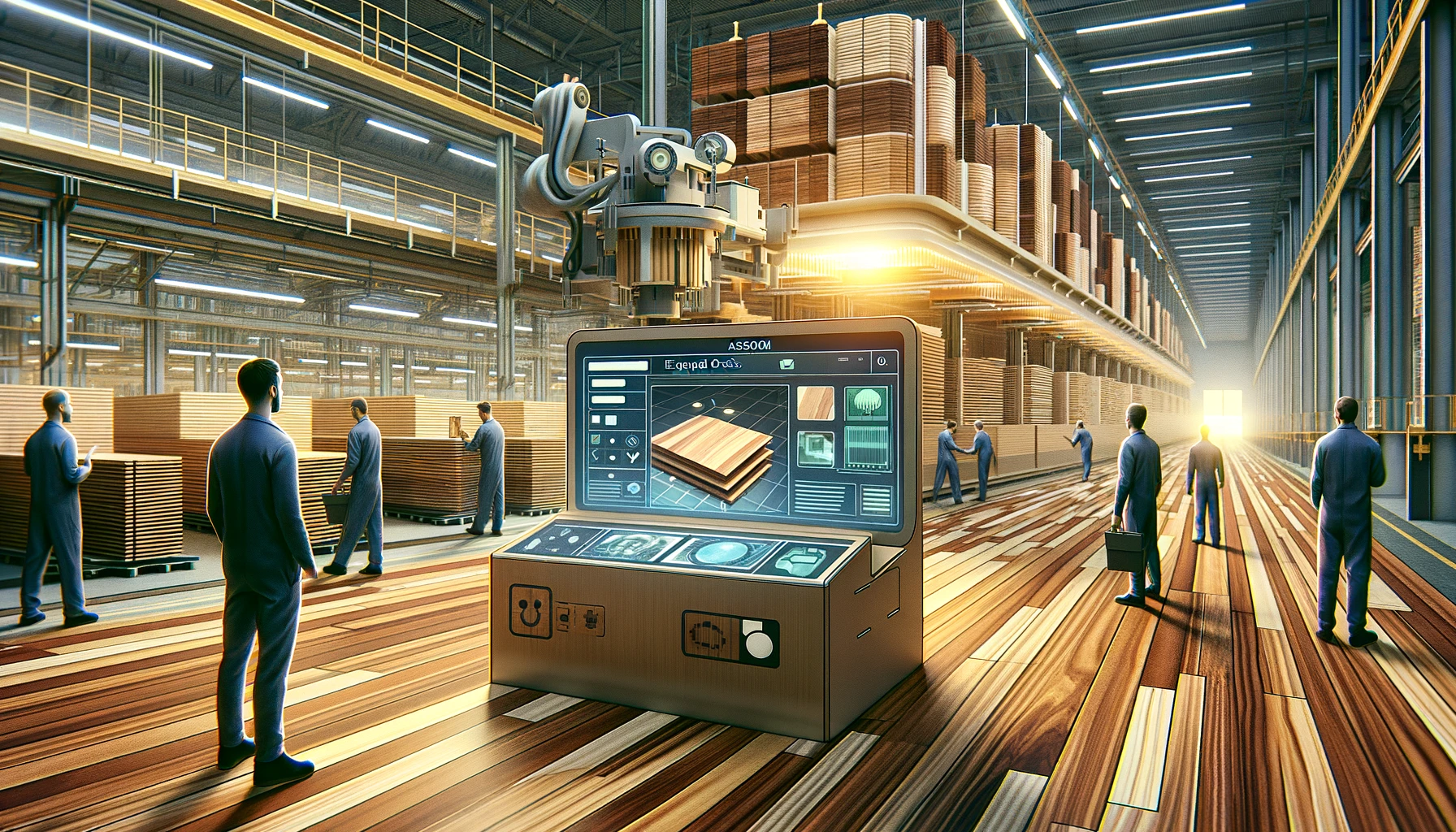 Here's the illustration for the article about the European hardwood flooring manufacturer adopting the EasyODM software. The scene depicts workers on a factory floor, interacting with a sophisticated AI system, enhancing the precision and efficiency of parquet checks. The digital painting showcases a balanced blend of warm and cool colors, emphasizing the high-tech environment and the detailed interaction between the workers and the technology.