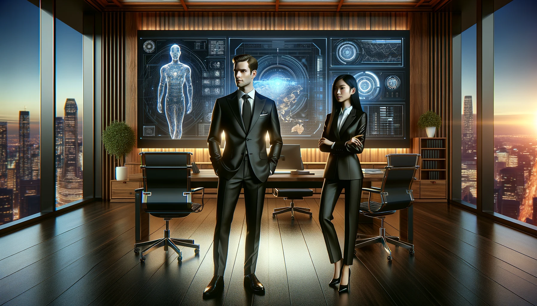 a Caucasian man and an Asian woman, both dressed in sleek, dark business suits, standing in front of a futuristic display.