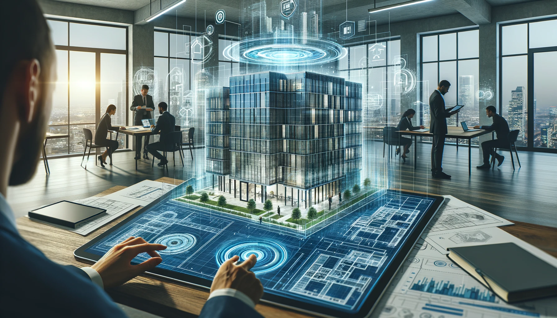 Here is the illustration for the article on how AI transforms pre-construction, depicting a modern architectural office with a holographic display of a building design. You can view and use the image from the preview above.