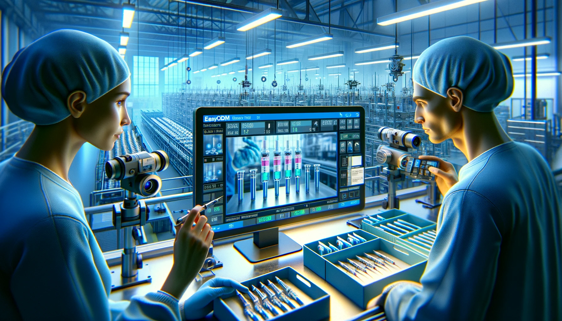 Here's the illustration for the article about a medical device manufacturer improving quality control through EasyODM's machine vision software. The scene captures two quality control technicians in a high-tech manufacturing facility, closely monitoring industrial cameras and digital displays that inspect medical devices for label accuracy and tube color. The environment is rendered in cool light colors, emphasizing the precision and cleanliness essential to the setting.