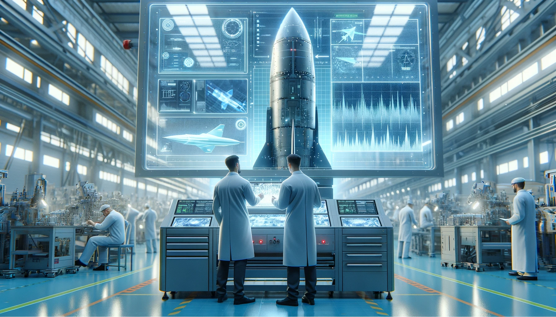 The scene is set in a high-tech manufacturing facility, where engineers are depicted using a system that combines deep learning and 3D imaging. They are closely analyzing critical missile components on large digital displays, which highlight defects and measurements.