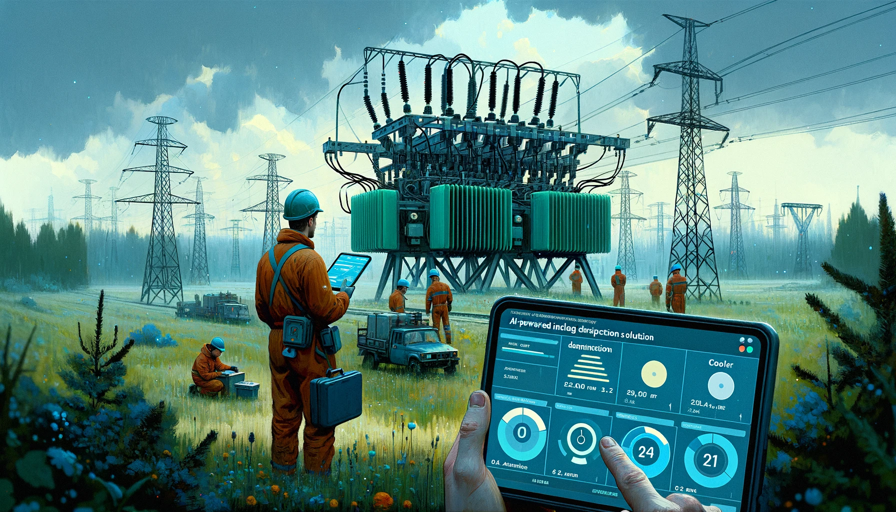 Here's the illustration for the article, now depicted in cooler tones of green and blue to emphasize a more technical and precise atmosphere. The scene features engineers in a field setting with power lines and transformers, using portable devices to interact with AI analytics under an overcast sky.