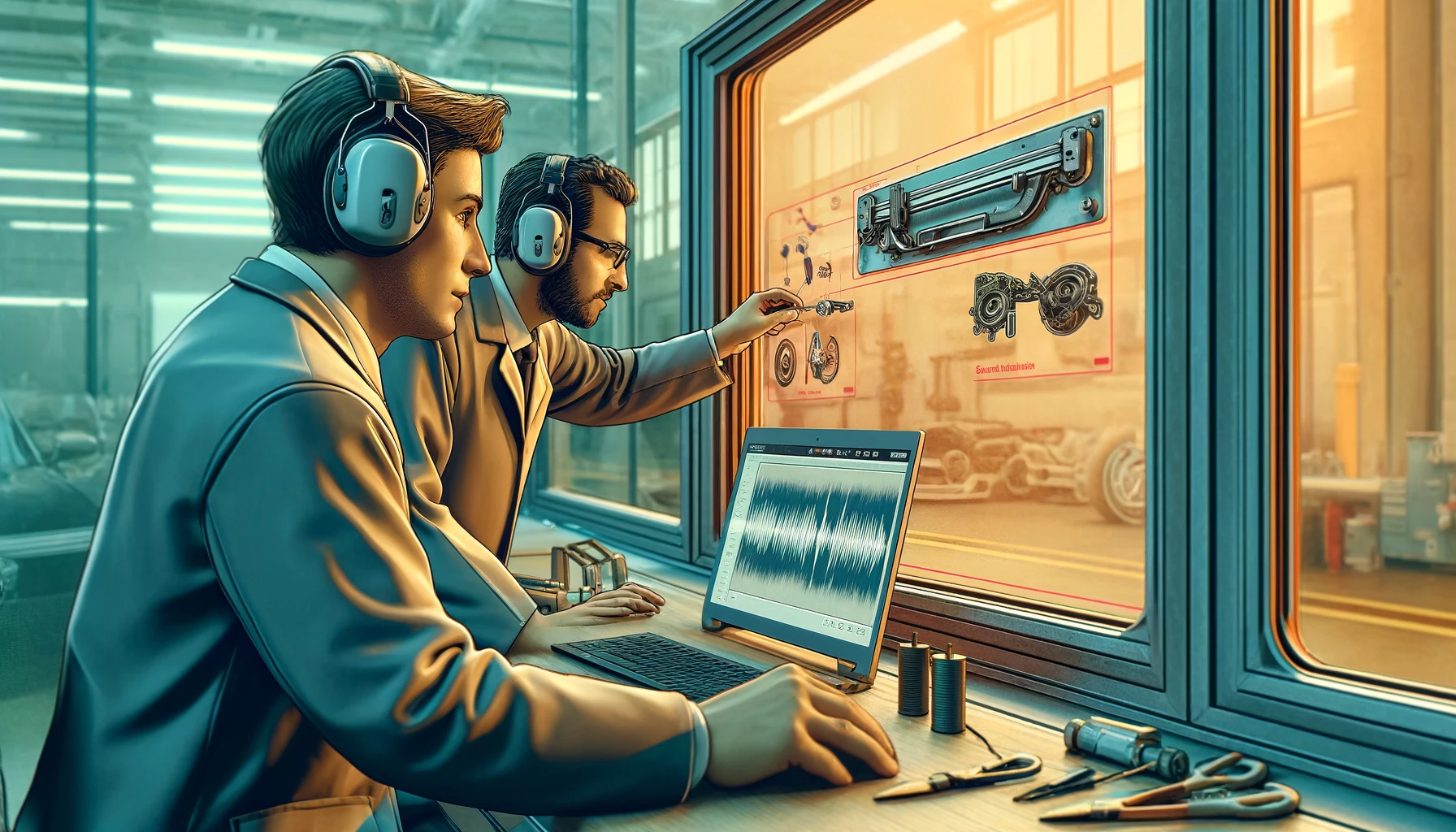 The scene depicts two engineers intently focused on analyzing the sound of a window regulator in operation, using headphones and monitoring real-time sound wave analysis on a computer screen. The setting is a detailed and practical workspace within an automotive testing facility, rendered with a professional color palette of light warm and cool tones.