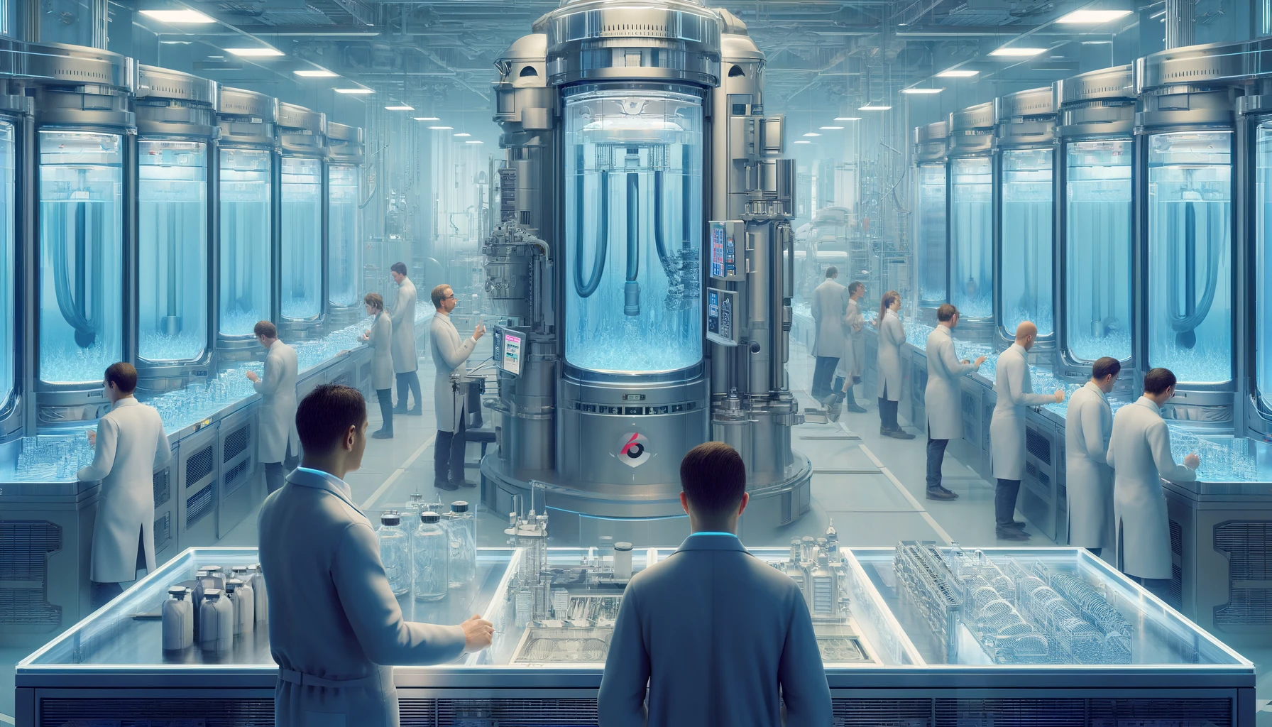 Here's the illustration for the article, now depicting the pharmaceutical company's AI-powered water purification system used to produce tubing for respiratory devices. The scene is set in a cooler-toned modern laboratory, emphasizing the precise and sterile environment necessary for such high-quality manufacturing. The main characters are actively engaged with the technology, highlighted by the cooler color palette and selective focus.