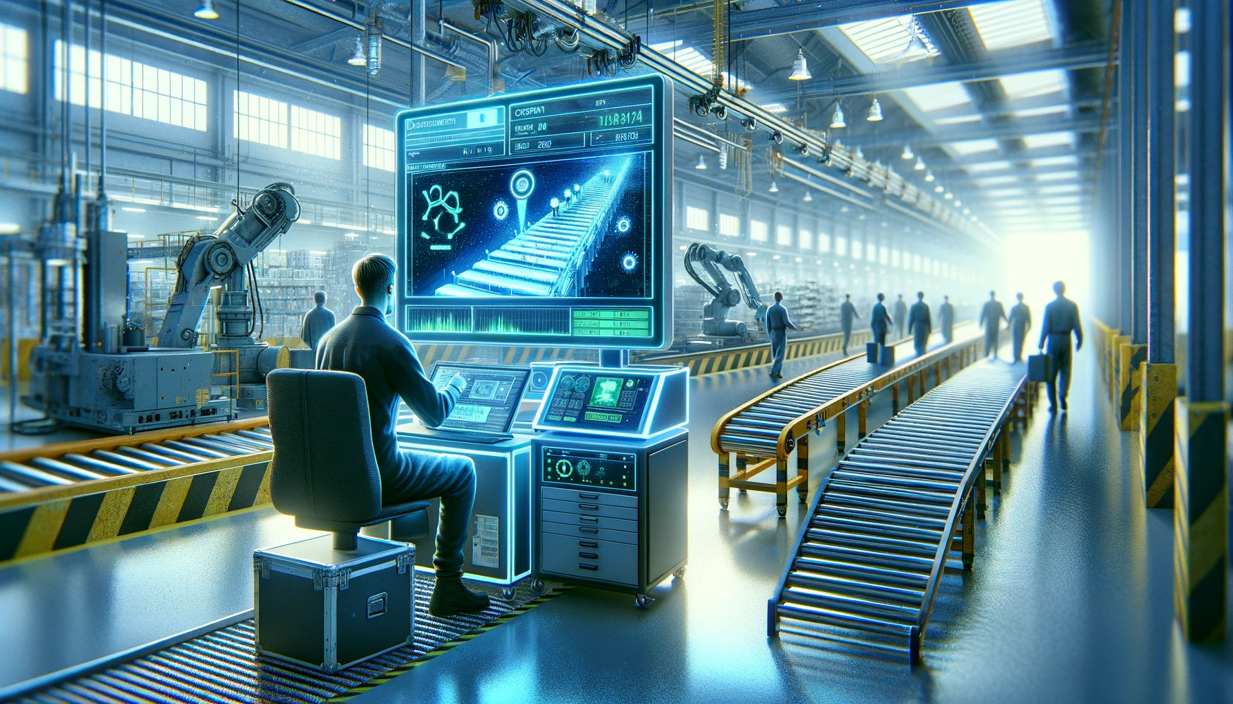 It features a technician in a brightly lit industrial setting, engaging with a high-tech monitor that displays defects on products moving on a conveyor belt.