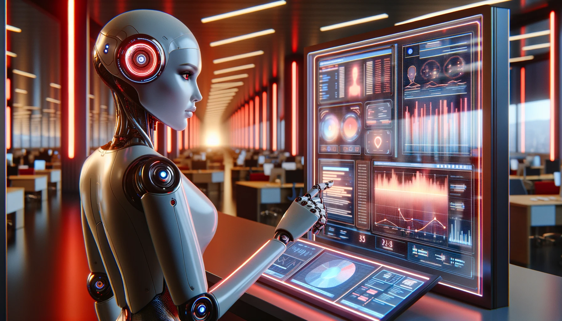 A futuristic robot at a terminal. The setting is in a modern office with red and blue lighting enhancing the atmosphere.