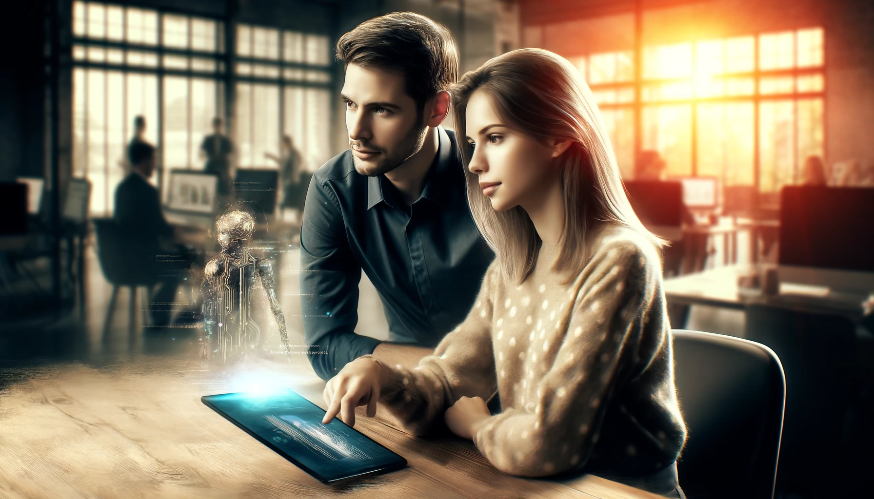 This illustration features two professionals, a man and a woman, collaborating over a digital tablet in a modern office environment.