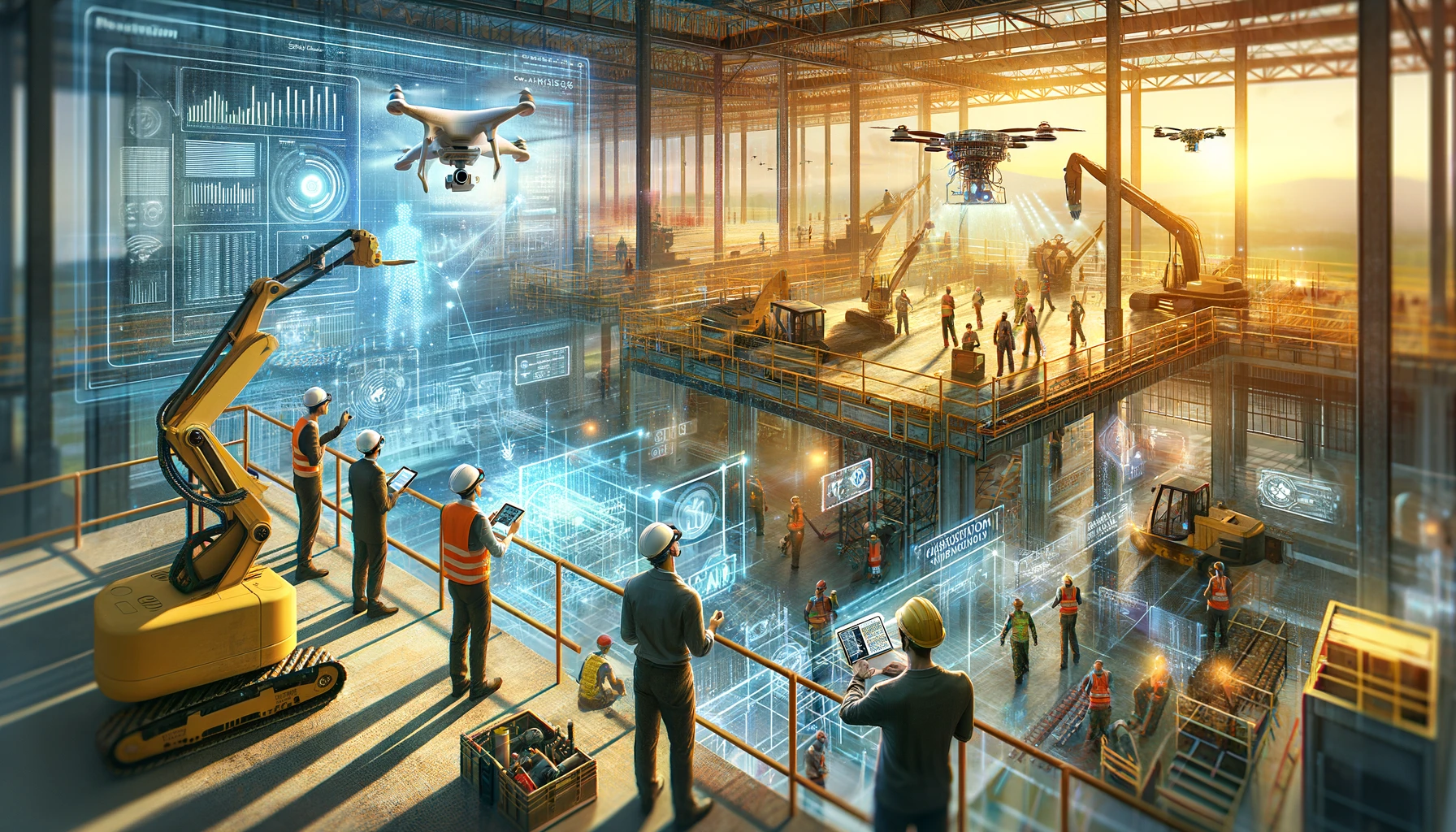 The illustration features a dynamic construction site with engineers and workers using advanced AI technology, including drones and augmented reality, set against a backdrop of modern machinery and digital displays.