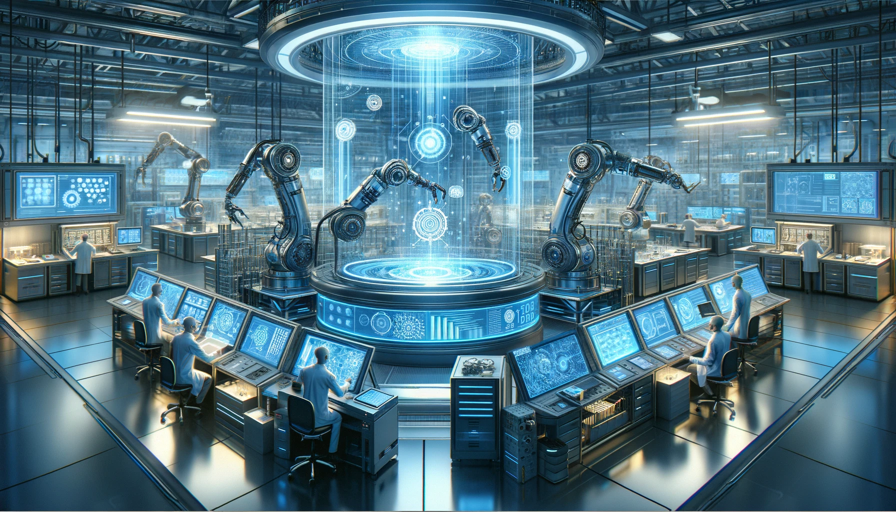 The scene depicts a high-tech laboratory environment where engineers and scientists are using advanced AI to analyze and manipulate metal alloys, showcasing the integration of futuristic technology in the field of metallurgy.