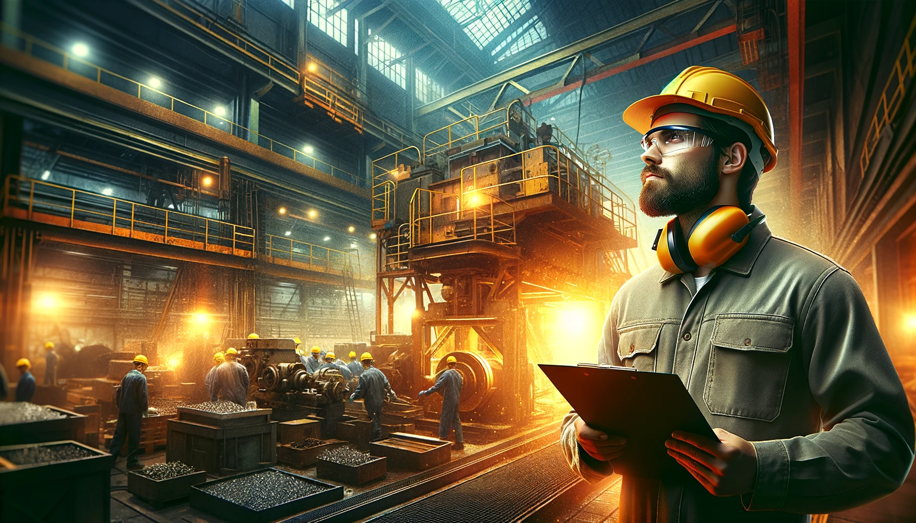 The illustration features a human engineer in a metallurgical factory, attentively observing the machinery. He's equipped with a yellow hard hat, protective glasses, and ear protection, holding a clipboard. The factory setting is vividly depicted with various metalworking processes, enhanced by a blend of warm and cold lighting to create a harmonious and realistic atmosphere.