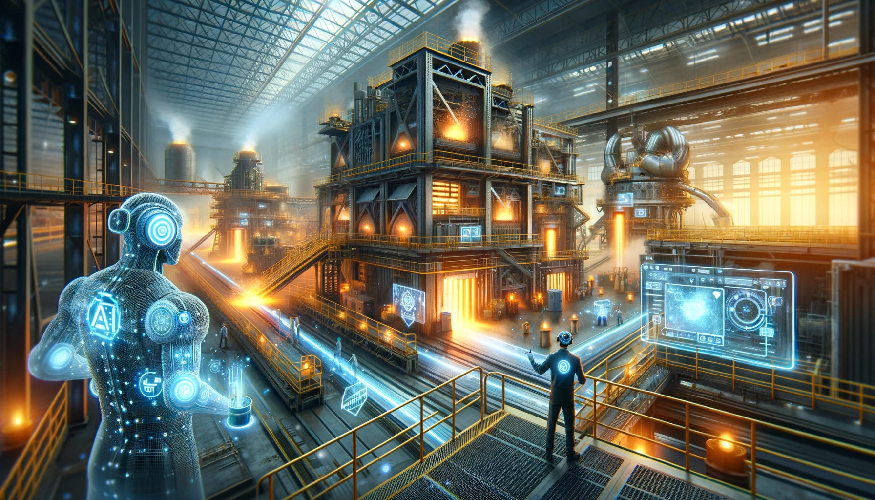 The illustration captures a high-tech industrial environment where workers, equipped with AI-driven gadgets, oversee automated metal production processes. The factory setting is depicted with glowing furnaces and metallic structures, rendered in warm and cold color tones to enhance the futuristic theme.