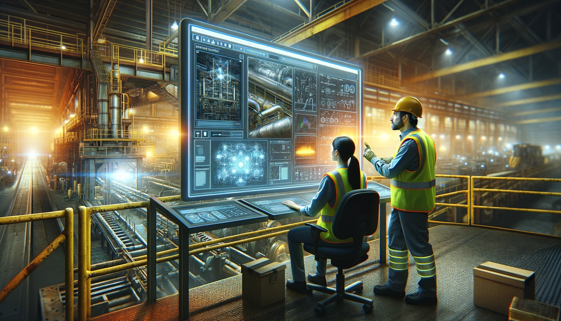 The scene features two engineers in a high-tech industrial setting, working together at a large digital monitor displaying complex data. T