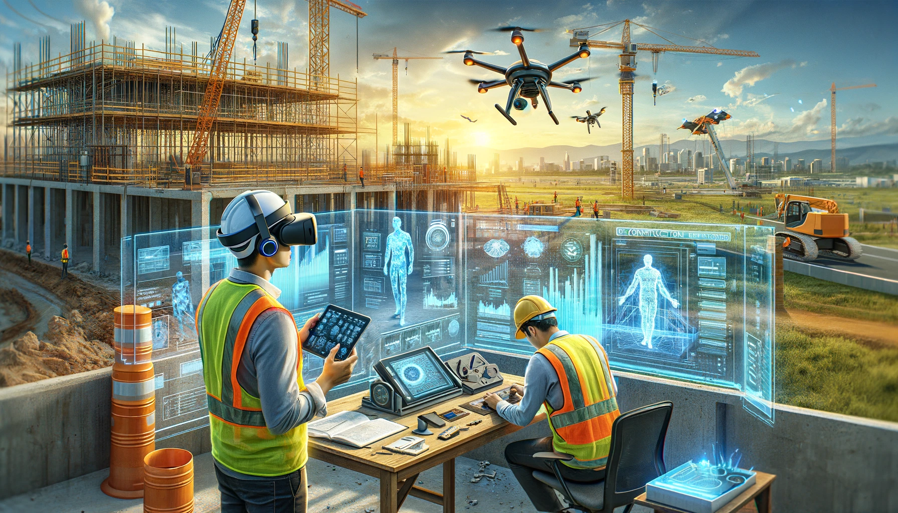 illustrating a modern construction site where AI and technology are integrated into daily operations. This painting aligns with the requested dimensions and features a realistic depiction of construction workers using advanced technology.