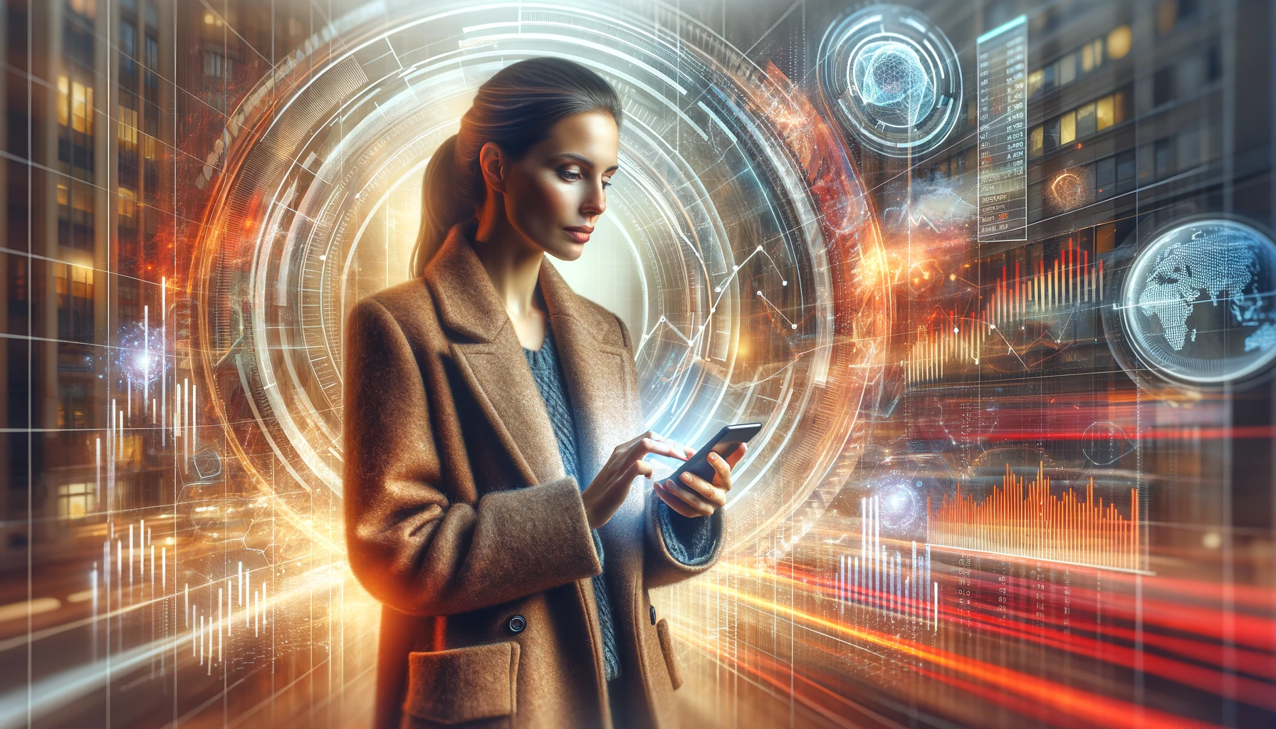 The image features a businesswoman using a smartphone with a vibrant, futuristic financial graph overlay in the background.