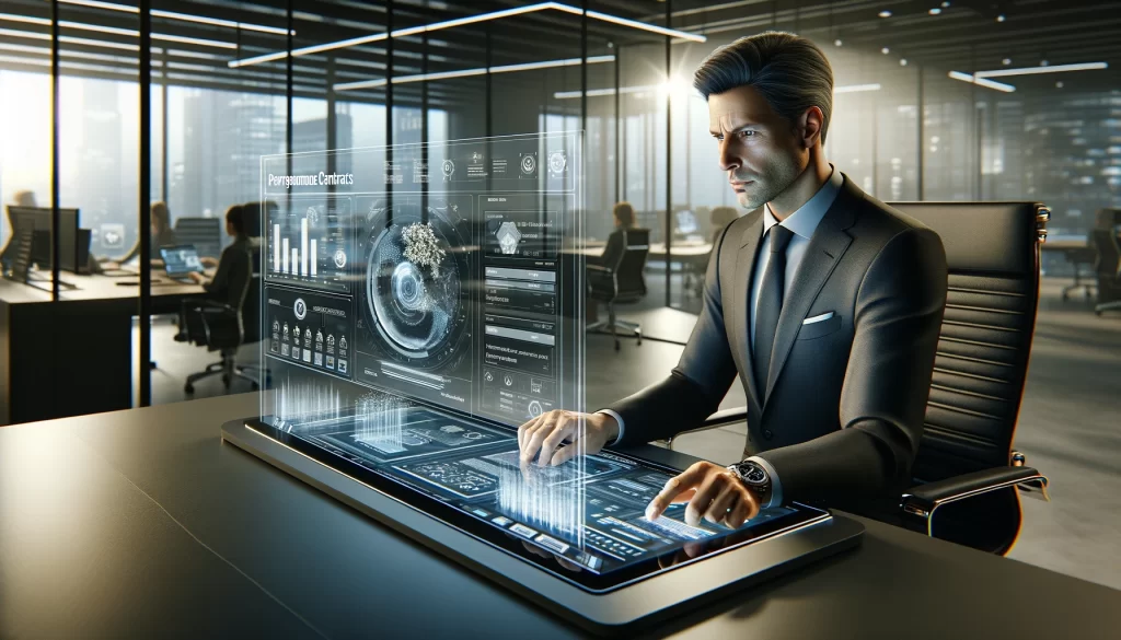 illustration depicting a procurement manager managing contracts and selecting an online contractor. The scene shows the manager focused on a large, transparent digital screen that displays interactive data about various contractors, set in a modern and sophisticated high-tech office environment. 