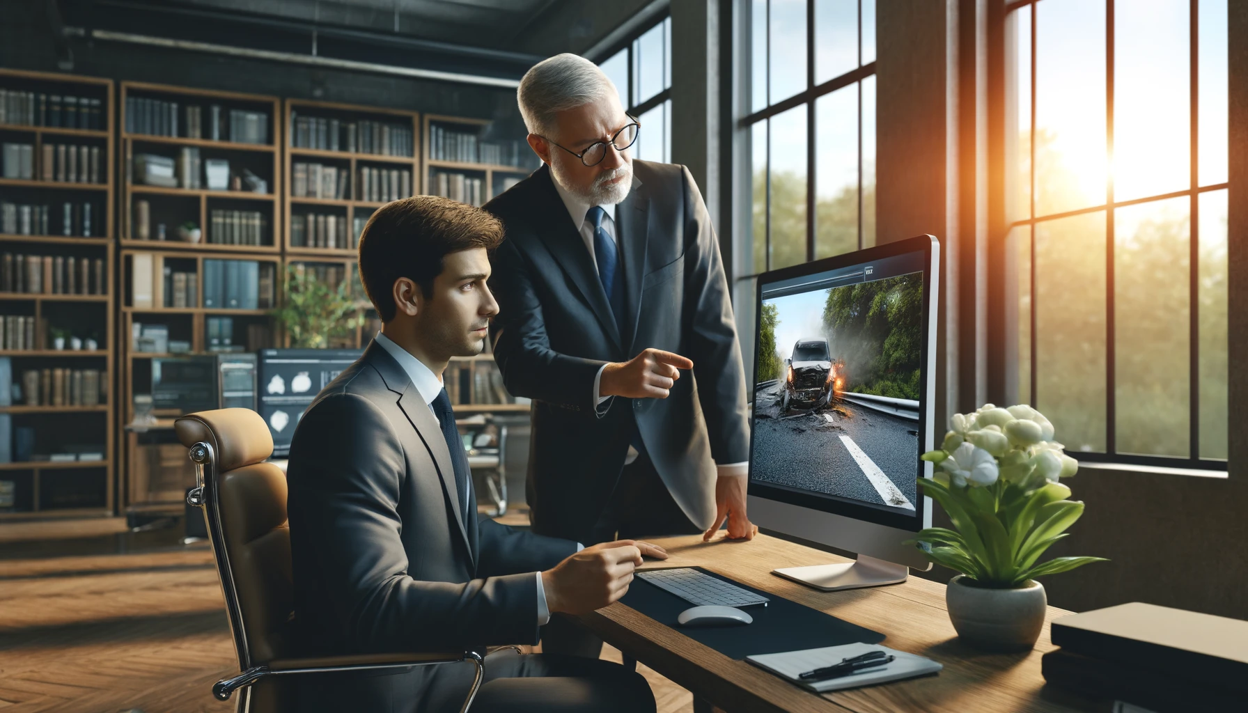 the two insurers in a real office setting, analyzing the road accident on the monitor