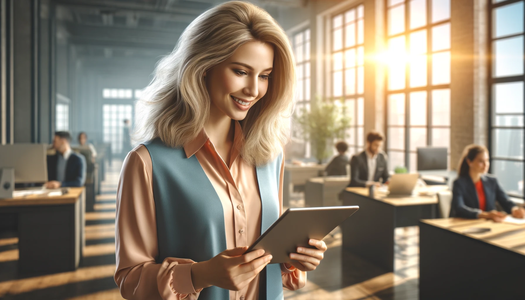 female HR manager in a sunny office, alone with lighter blonde hair as requested. She is using a tablet that emits a technological aura, and the background features several other working people, creating a dynamic office environment.